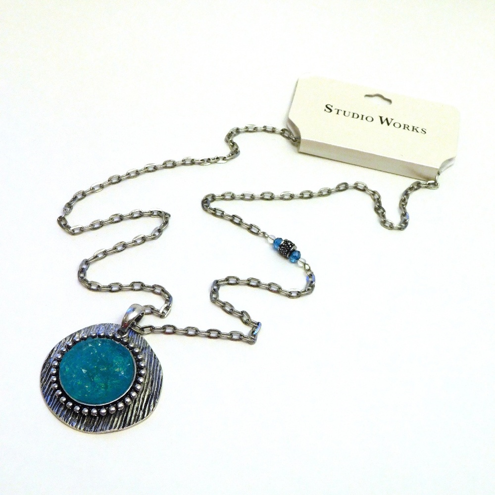 Blue Druzy Pendant Silver Beaded Chain Necklace U135